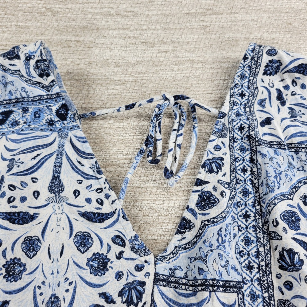 Old Navy Dress 2X Blue White V Neck V Back Tie Smocked Waist Boho Summer Beach - Picture 8 of 14